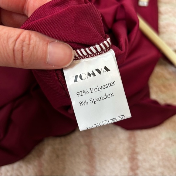 NWOT Zomva Burgundy Evening Midi Dress Mesh Second Skin Bodycon Size XL Ruched - Picture 3 of 11